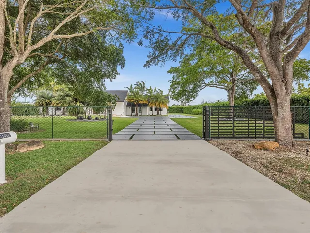 a view of a yard with plants and trees
