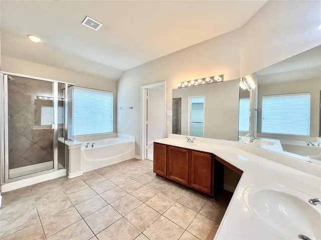 a large bathroom with a large tub shower and sink