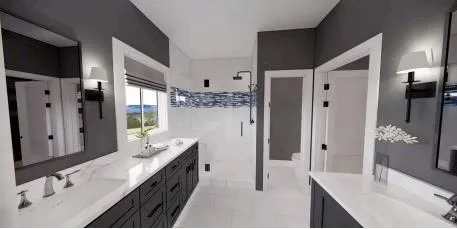 a spacious bathroom with a double vanity sink a large mirror a bathtub and shower