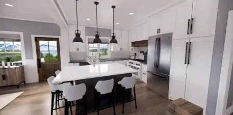 a kitchen with stainless steel appliances a dining table chairs refrigerator and sink