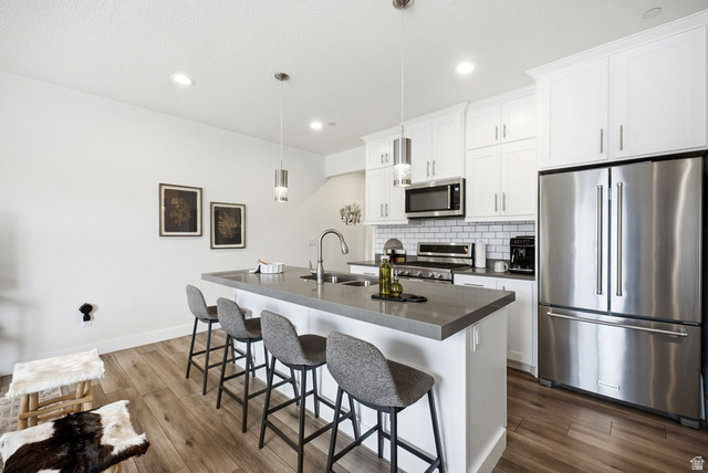 3355 Santa Fe Road Park City, UT 84098 - Photo 8 of 45 Kitchen featuring a central island with an undermount sink, white cabinetry, stainless steel appliances, wood-finish flooring, and subway tile backsplash