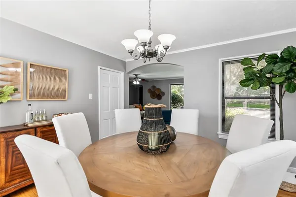 a dining room with furniture a potted plant and a chandelier