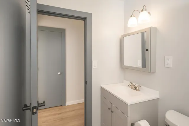 a bathroom with a sink a light fixture and a toilet
