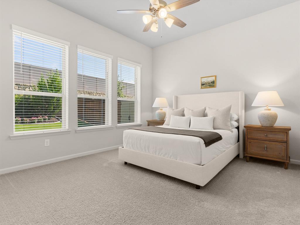166 Palo Duro Bend Rhome, TX 76078 - Photo 19 of 40 Primary bedroom offering comfort, natural light, and views of the backyard.