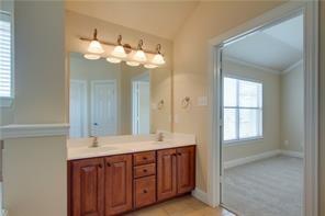 4679 Edith Street Plano, TX 75024 - Photo 26 of 34 Bathroom vanity with a dual sink setup, wood-finish cabinetry, and a multi-bulb light fixture