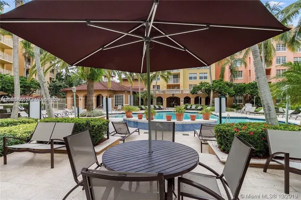 a patio with a table and chairs under an umbrella