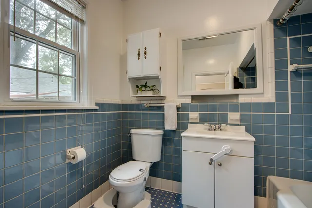 a bathroom with a toilet a sink and a mirror
