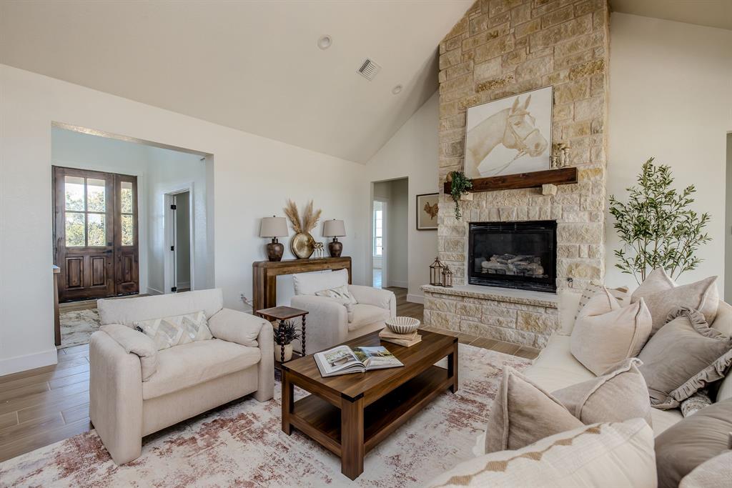 2847 Canyon Wren Loop Graford, TX 76449 - Photo 8 of 40 a living room with furniture a fireplace and a potted plant