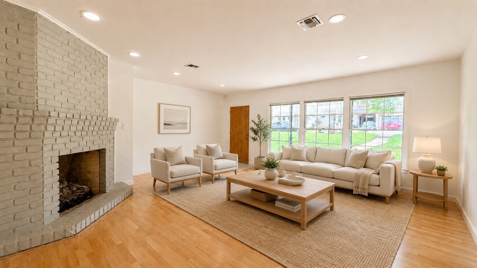 405 Ridgewood Road Austin, TX 78746 - Photo 3 of 22 Spacious living area featuring a painted brick fireplace, light wood-finish flooring, recessed lighting, and a wall of windows