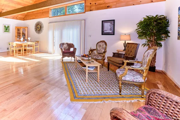 a living room with furniture a rug and a floor to ceiling window