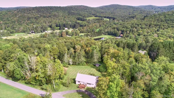 an aerial view of residential house with outdoor space and trees all around