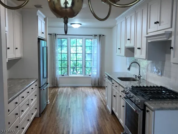 a kitchen with stainless steel appliances granite countertop a stove a sink and a refrigerator