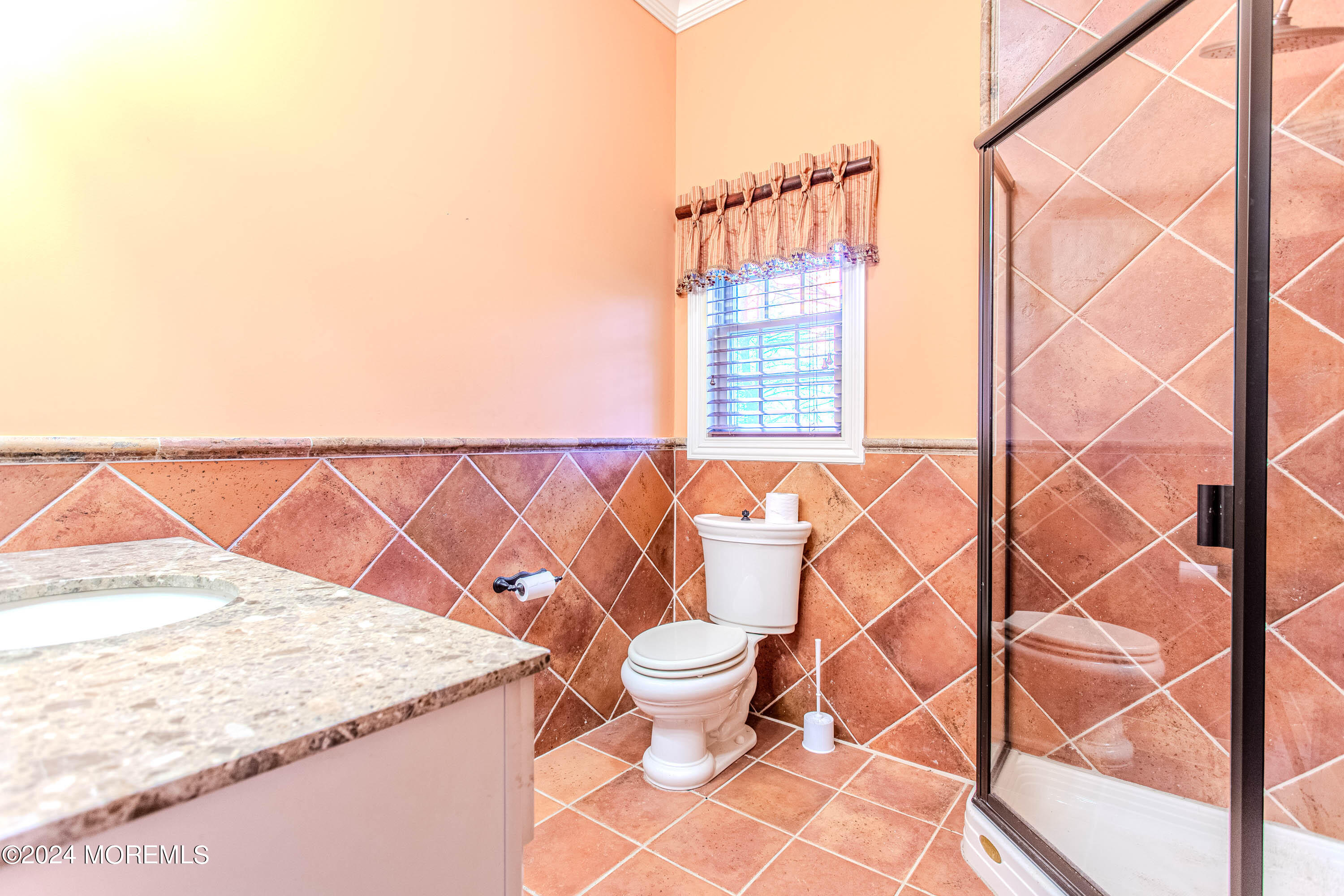 25 Woods End Road Colts Neck, NJ 07722 - Photo 68 of 76 a bathroom with a granite countertop sink and a toilet