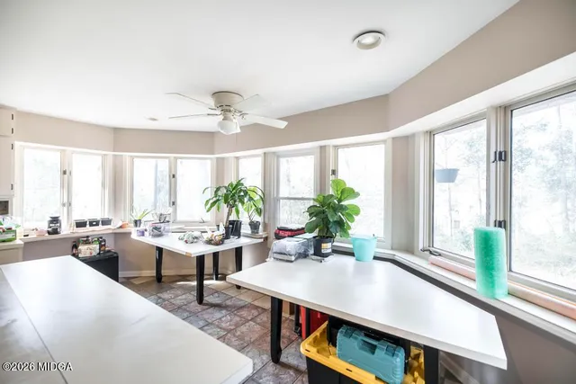 a living room with furniture potted plant and a large window