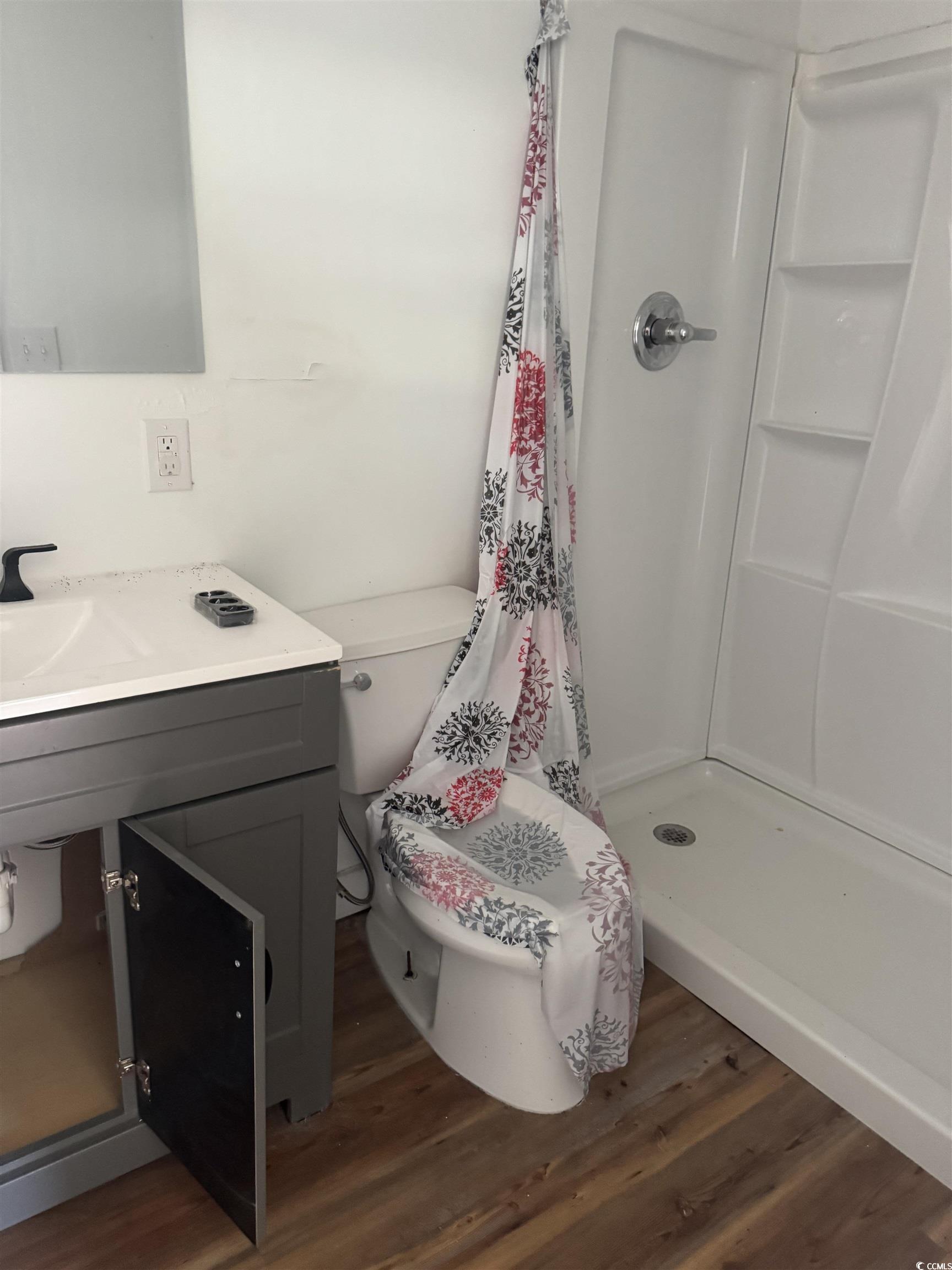 809 North Dargan Street Florence, SC 29506 - Photo 13 of 13 Bathroom with a shower stall, vanity, and dark wood-style flooring