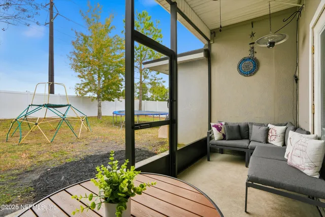 a building outdoor space with patio furniture