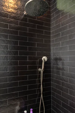 a bathroom with a shower and toilet