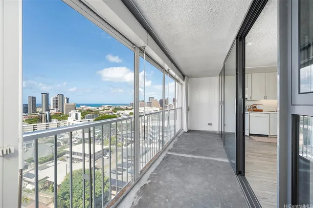 a view of a balcony with city view