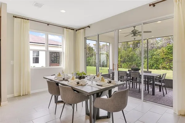 a view of a dining room with furniture window and outside view