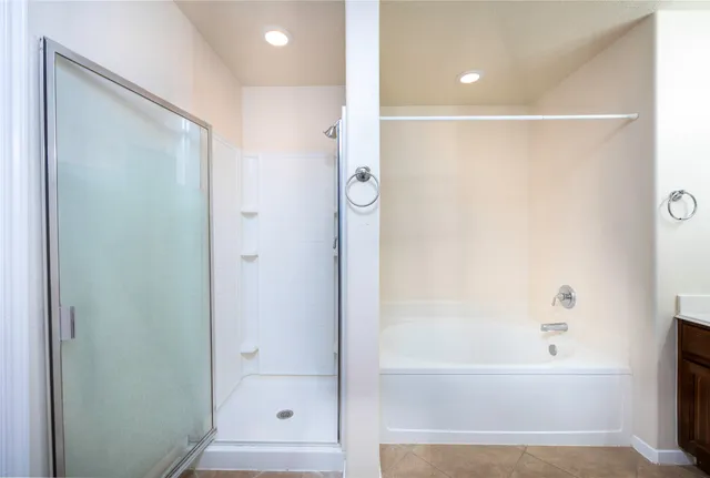 a bathroom with a bathtub and a shower