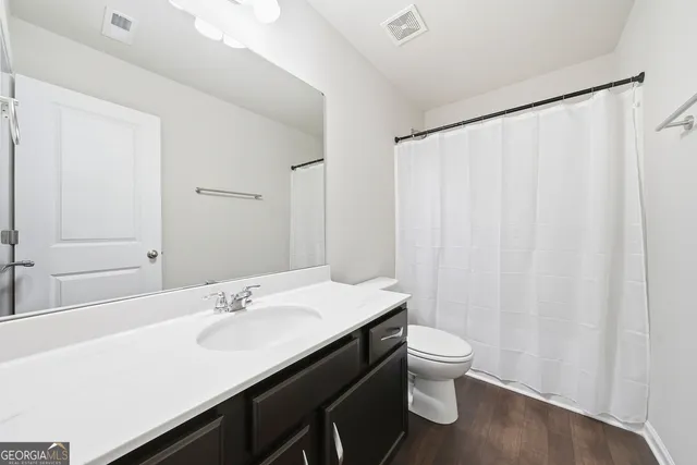 a bathroom with a sink a toilet a mirror and shower curtain