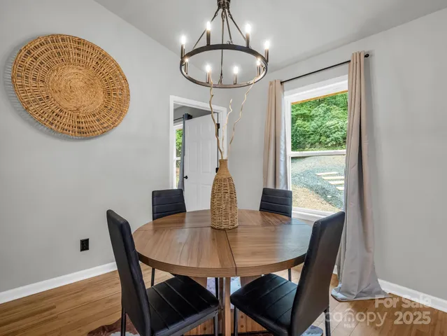 a view of a dining room with furniture window and wooden floor