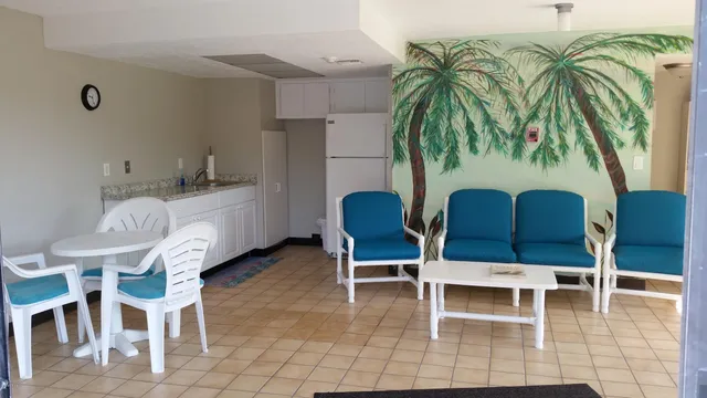 a dining room with furniture and a potted plant