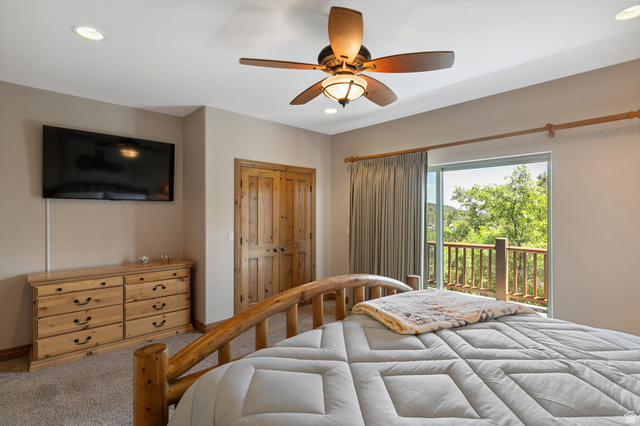 755 South Zion Ridge Drive Orderville, UT 84758 - Photo 35 of 84 Carpeted bedroom featuring a closet, recessed lighting, access to exterior, and ceiling fan