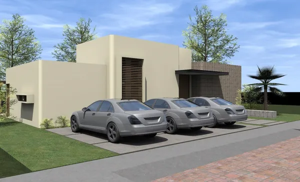 a front view of a house with a garden and parking