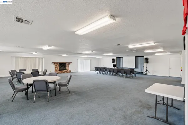 a view of a dining room with furniture