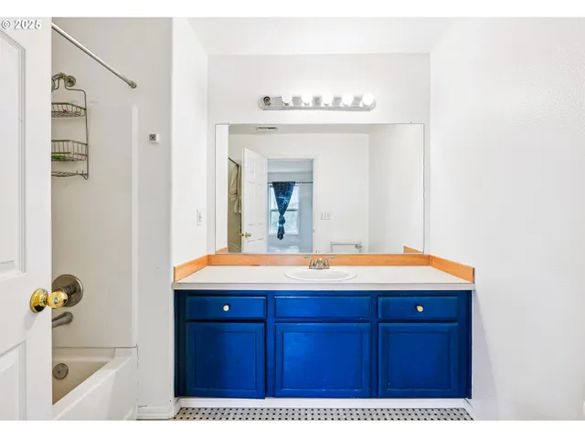 a bathroom with a sink and a mirror