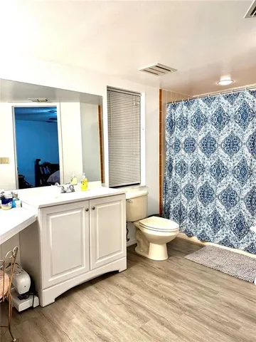 a bathroom with a white toilet sitting next to a vanity and a sink