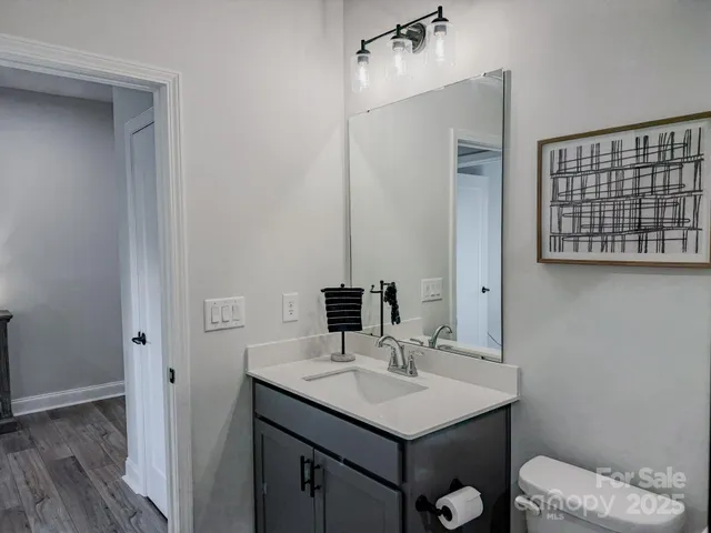 a bathroom with a sink vanity and a mirror