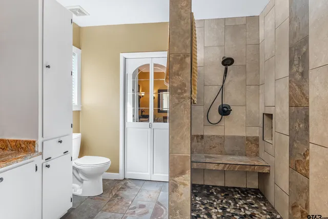 a bathroom with a shower a toilet and a sink