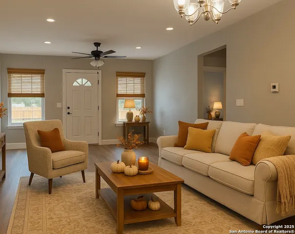 a living room with furniture and a chandelier