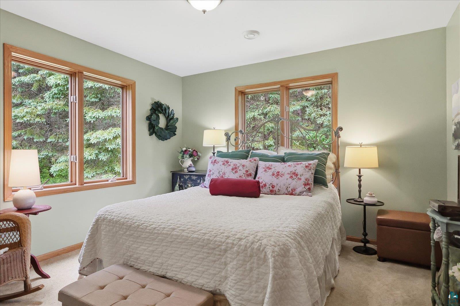 41 East Stark Road Esko, MN 55733 - Photo 10 of 19 Bedroom featuring light green walls, light-colored carpeting, two windows with wood trim, and a ceiling-mounted light fixture