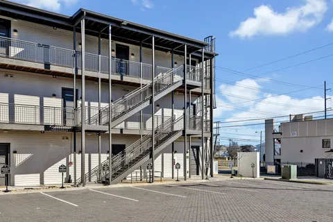 a front view of a building with street