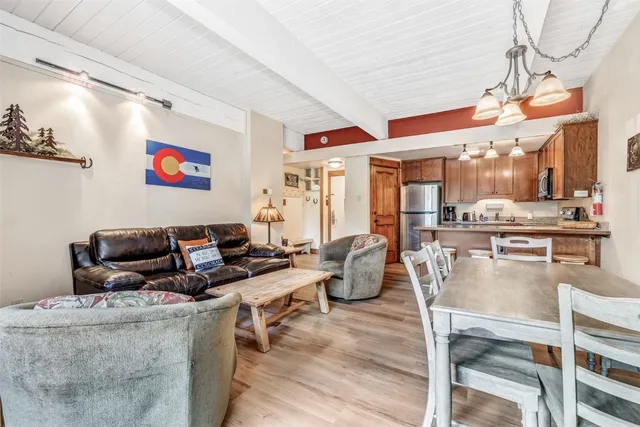 a living room with lots of furniture and kitchen view