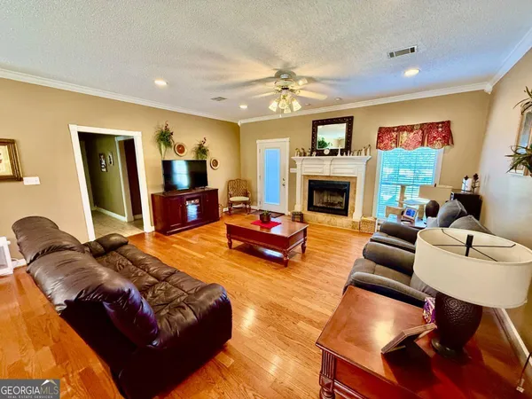 a living room with furniture and a fireplace