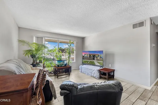a living room with furniture and a potted plant