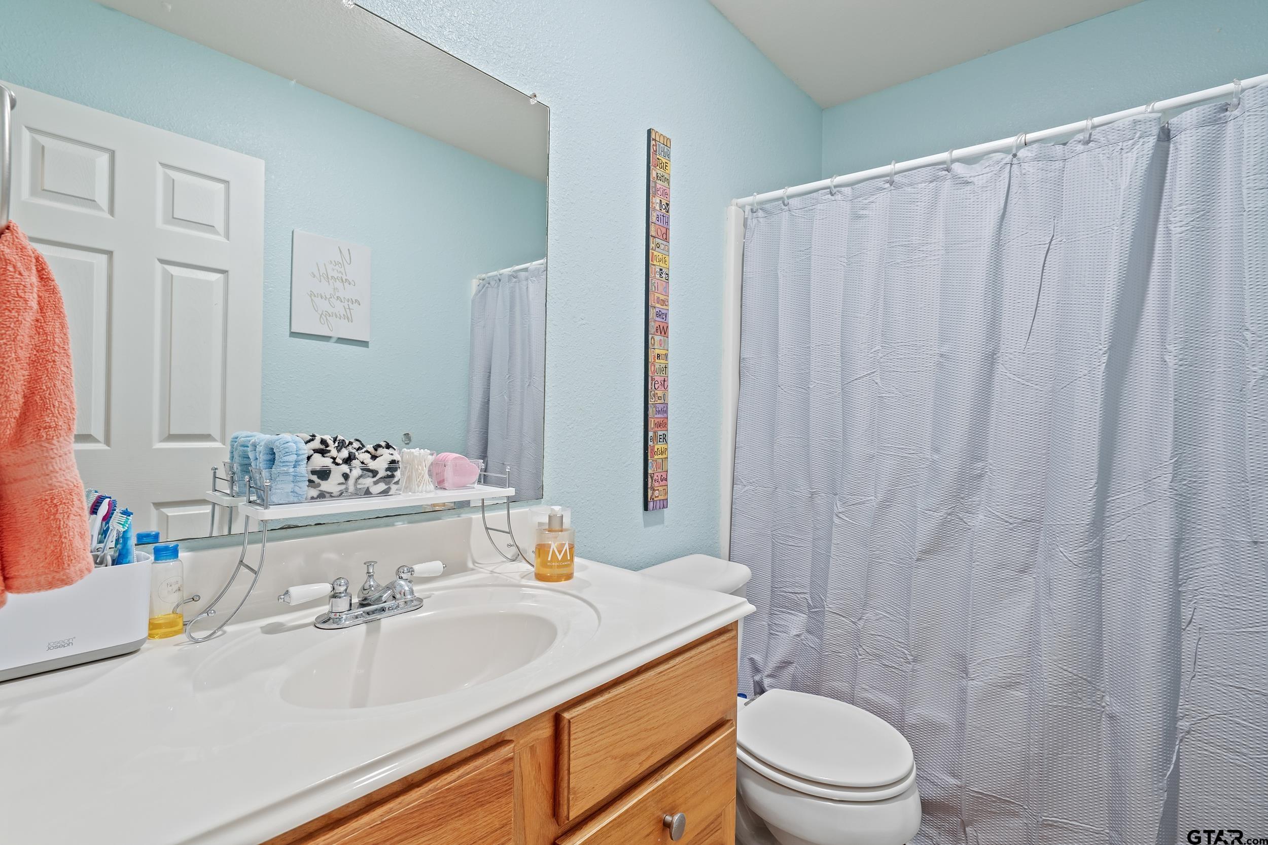 200 David Hawkins, TX 75765 - Photo 21 of 36 a bathroom with a sink a toilet and shower curtain