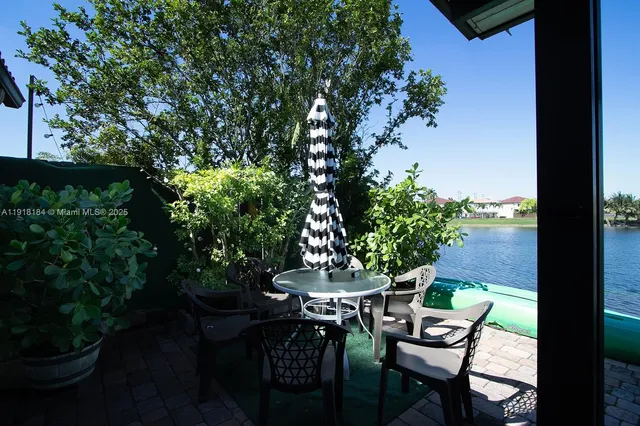 an aerial view of lake and residential houses with outdoor space