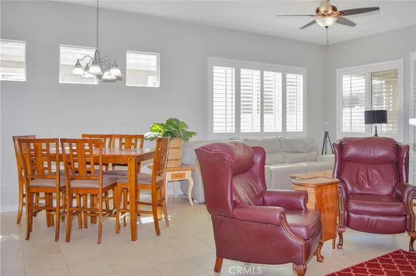 a living room with furniture kitchen view and a potted plant