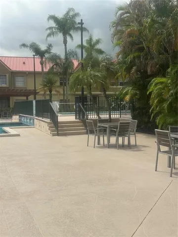 an outdoor view with patio