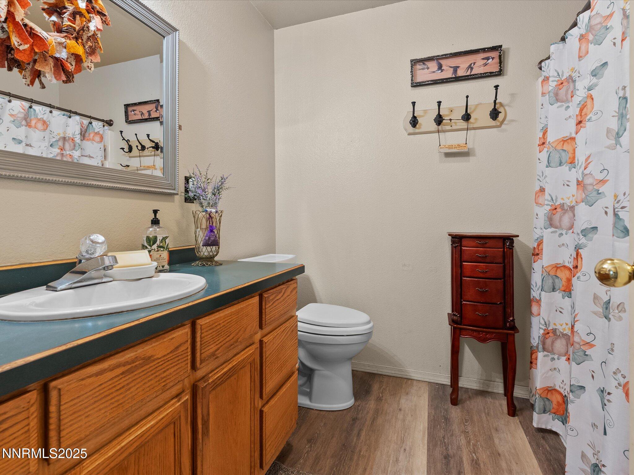 215 Hunter Park Way Fallon, NV 89406 - Photo 26 of 57 a bathroom with a sink a toilet and a shower curtain