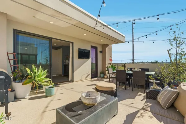 a living room with patio furniture and a potted plant