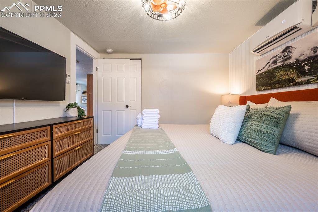627 Alexander Road Colorado Springs, CO 80909 - Photo 30 of 40 a spacious bedroom with a bed and a flat screen tv