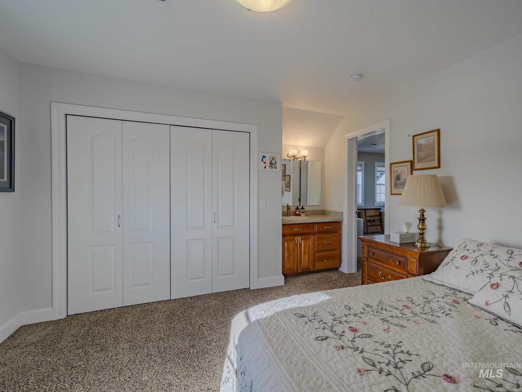 659 Reservation Line Road Cottonwood, ID 83522 - Photo 39 of 50 Bedroom with light colored carpet, a closet, and ensuite bathroom