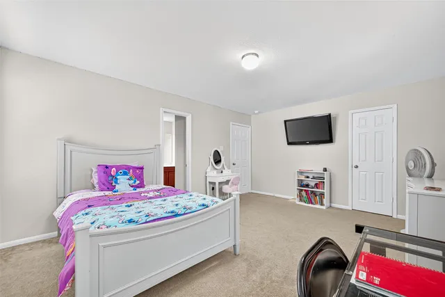 a bedroom with a bed and a flat screen tv