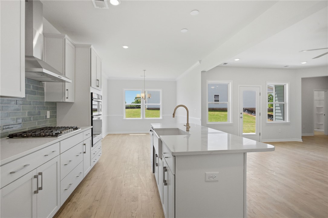 557 Hydrangea Street, Unit LOT 46 Seneca, SC 29678 - Photo 9 of 37 A well-lit kitchen with sleek countertops, a center island with a sink, and integrated modern appliances.